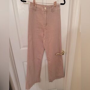 High Rise, Wide Leg Jeans, Dusty Pink. Gentle stretch with fray bottom detail.